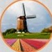 A windmill standing above a field of tulips