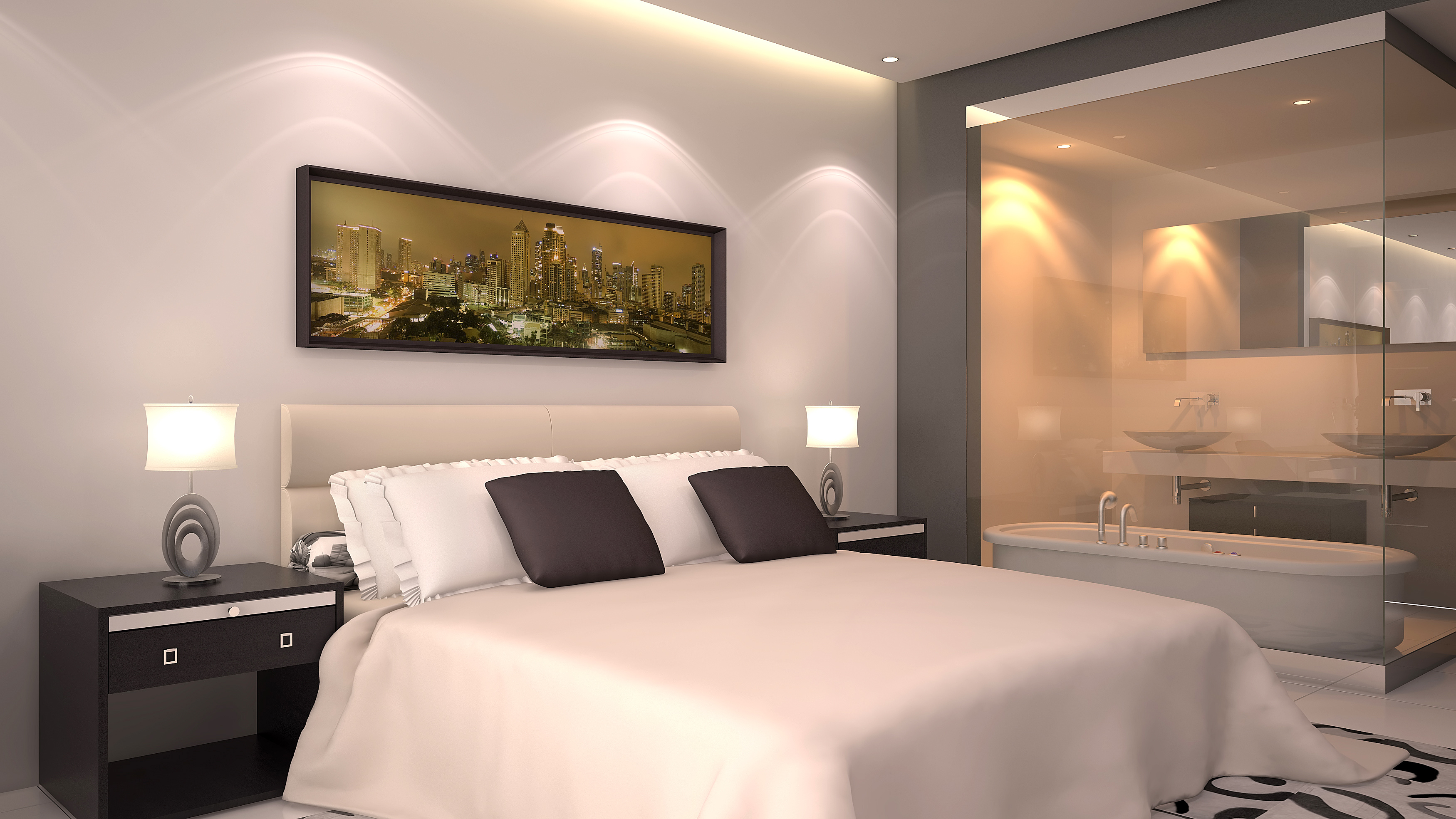 A modern hotel bedroom with a crisp white bed, sculptural bedside lamps, a framed city skyline picture, and a glass-walled bathroom with a soaking tub